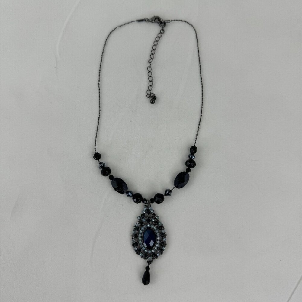 Vintage NR Pendant Necklace Dangle Earrings Set Gunmetal Midnight Blue Metallic - Picture 3 of 16